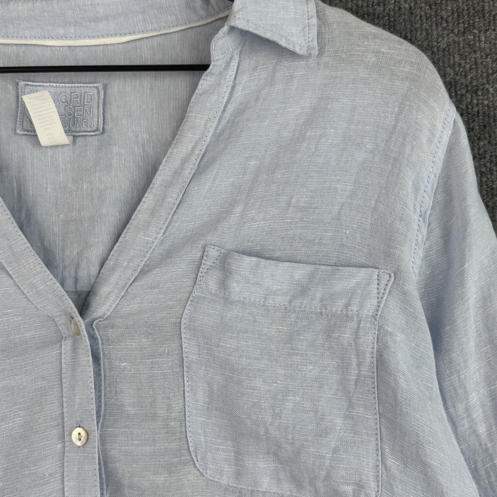 Sigrid Olsen Linen Button Up Shirt Womens M Blue Tucked Tail Hem Long Sleeve - Picture 3 of 10